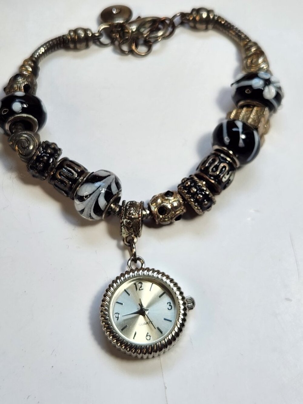 Artisan European Charm Watch Bracelet Black White Lampwork Eiffel Tower Snake